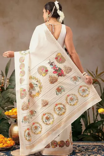 Off white printed art silk ethnic saree with blouse piece