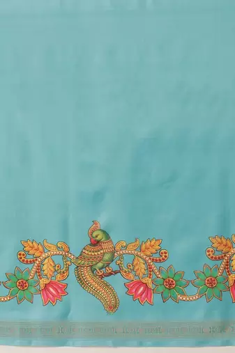 Blue printed art silk ethnic saree with blouse piece