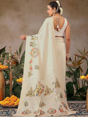 Off white printed art silk ethnic saree with blouse piece 3