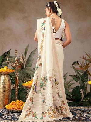 Off white printed art silk ethnic saree with blouse piece 3