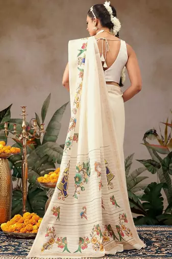 Off white printed art silk ethnic saree with blouse piece