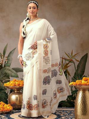 Off white printed art silk ethnic saree with blouse piece 2