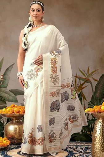 Off white printed art silk ethnic saree with blouse piece