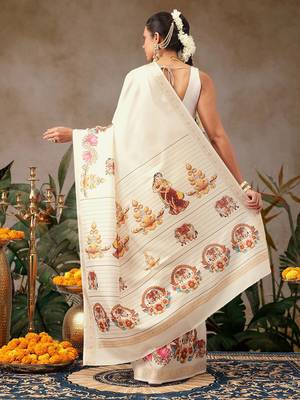 Off white printed art silk ethnic saree with blouse piece 2