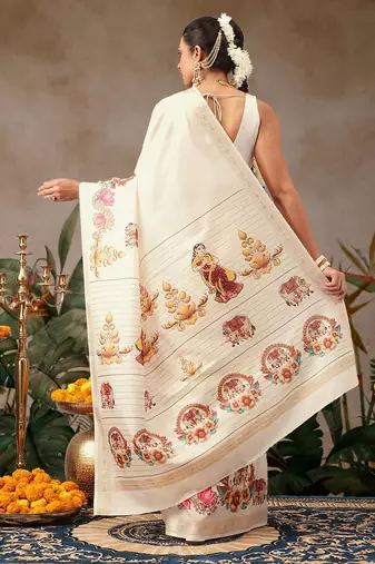 Off white printed art silk ethnic saree with blouse piece