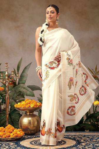 Off white printed art silk ethnic saree with blouse piece