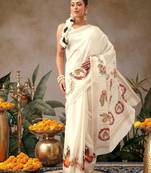 Off white printed art silk ethnic saree with blouse piece