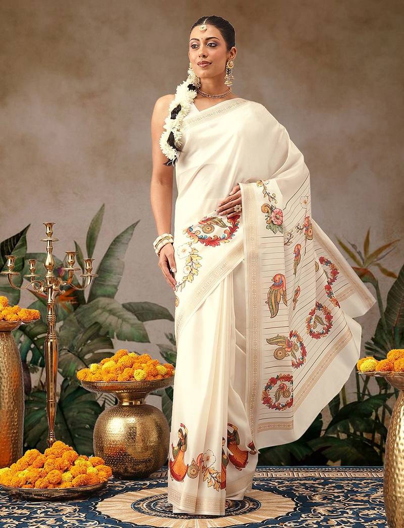 Off white printed art silk ethnic saree with blouse piece
