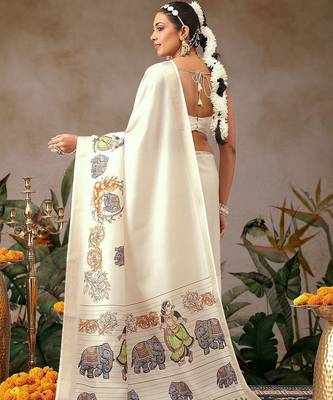 Off white printed art silk ethnic saree with blouse piece 3