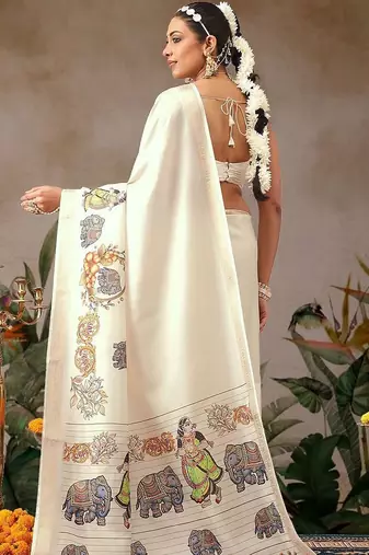 Off white printed art silk ethnic saree with blouse piece