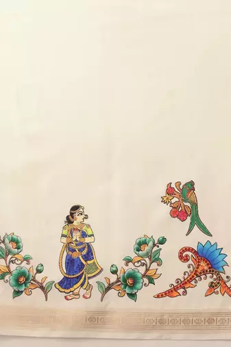 Off white printed art silk ethnic saree with blouse piece