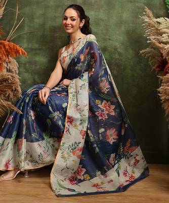Blue printed cotton blend ethnic saree with blouse piece 1