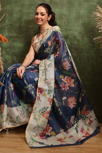 Blue printed cotton blend ethnic saree with blouse piece