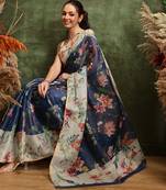Blue printed cotton blend ethnic saree with blouse piece