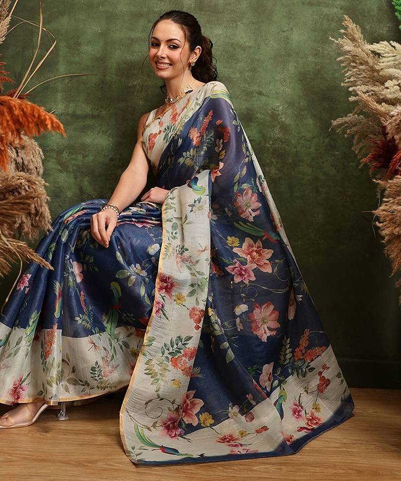 Blue printed cotton blend ethnic saree with blouse piece