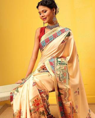 Beige printed silk blend ethnic saree with blouse piece 1