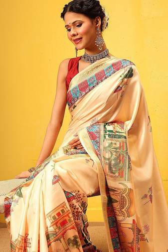 Beige printed silk blend ethnic saree with blouse piece