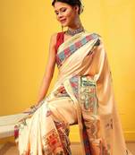 Beige printed silk blend ethnic saree with blouse piece