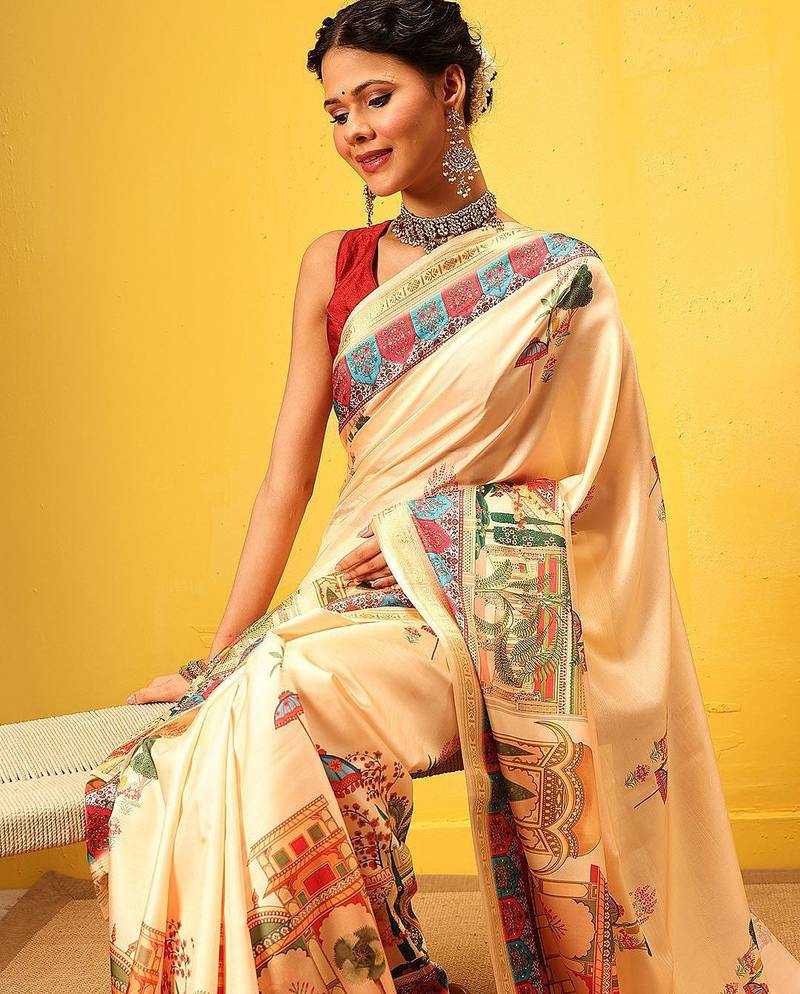 Beige printed silk blend ethnic saree with blouse piece