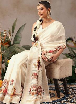 Off white printed art silk ethnic saree with blouse piece 3