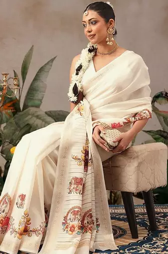 Off white printed art silk ethnic saree with blouse piece