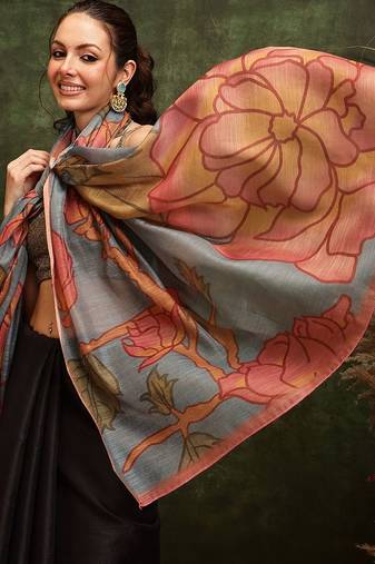 Black printed silk cotton ethnic saree with blouse piece