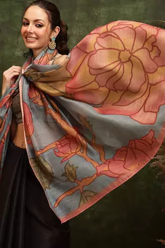 Black printed silk cotton ethnic saree with blouse piece