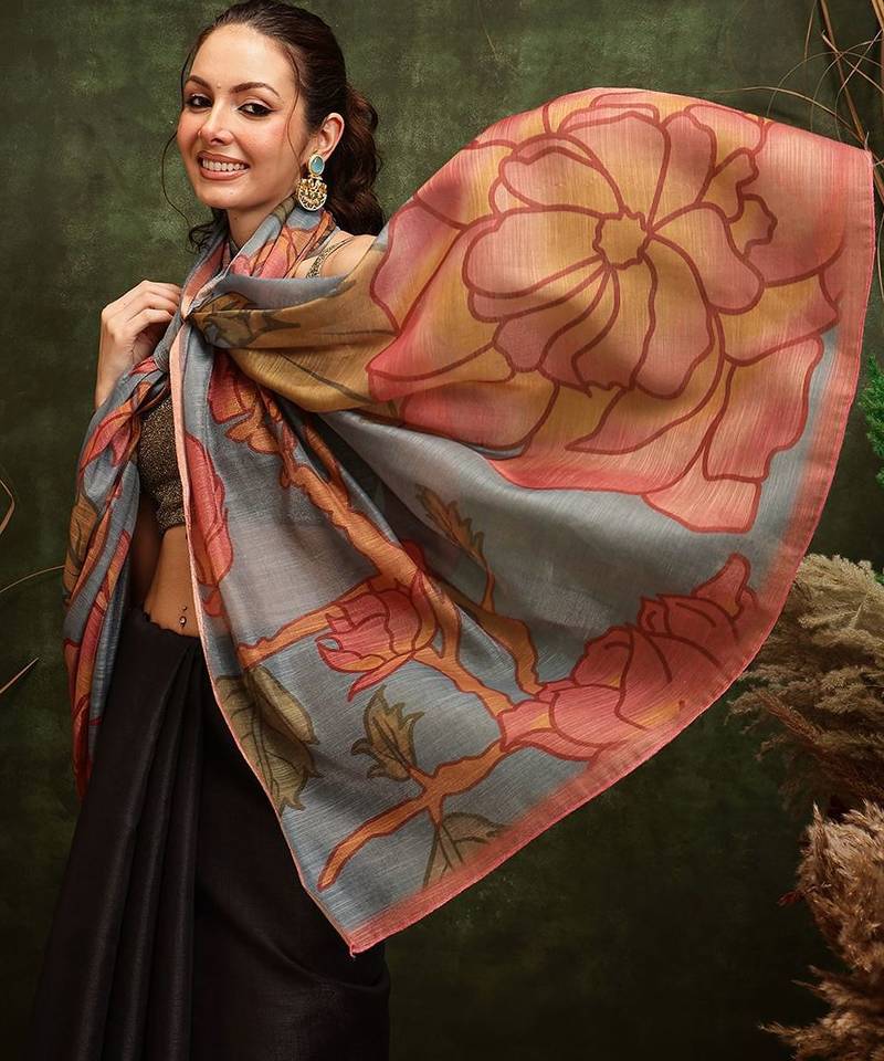 Black printed silk cotton ethnic saree with blouse piece