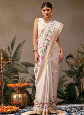 off white floral printed silk blend saree 1