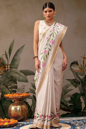off white floral printed silk blend saree