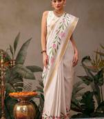 Off white printed silk blend ethnic saree with blouse piece