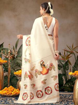 Off white printed art silk ethnic saree with blouse piece 2