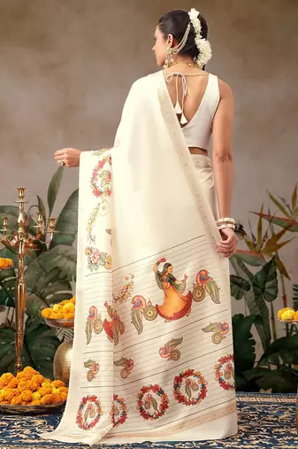 Off white printed art silk ethnic saree with blouse piece