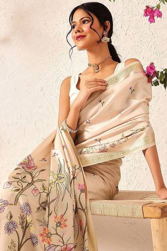 Beige printed silk blend ethnic saree with blouse piece