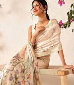 Beige printed silk blend ethnic saree with blouse piece