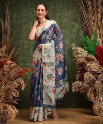 Blue printed cotton blend ethnic saree with blouse piece 2