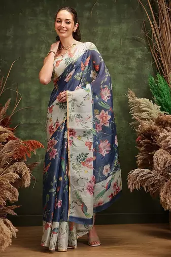 Blue printed cotton blend ethnic saree with blouse piece