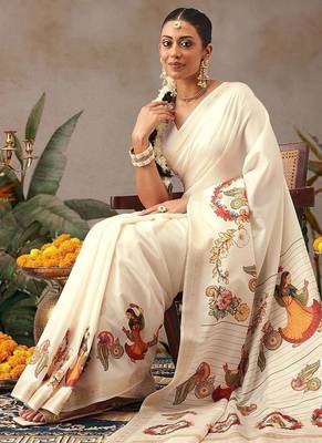 Off white printed art silk ethnic saree with blouse piece 3