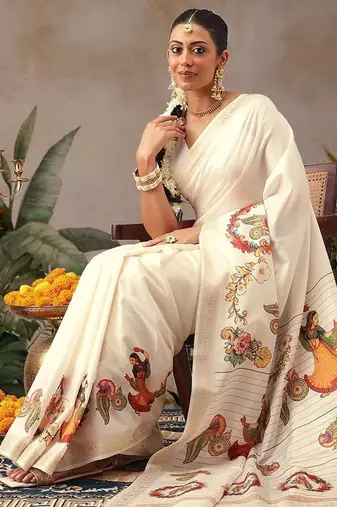 Off white printed art silk ethnic saree with blouse piece