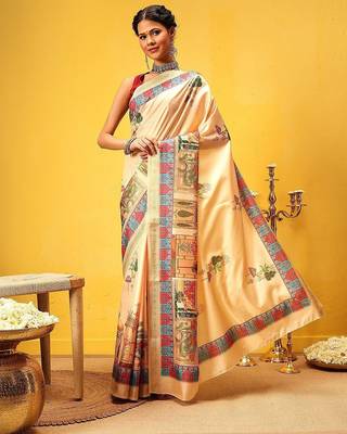 Beige printed silk blend ethnic saree with blouse piece 2
