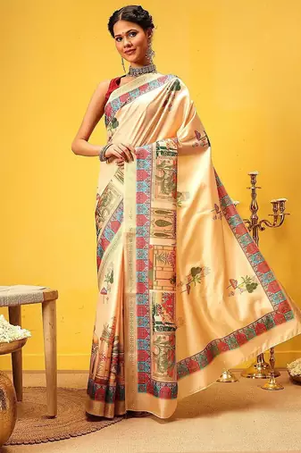 Beige printed silk blend ethnic saree with blouse piece