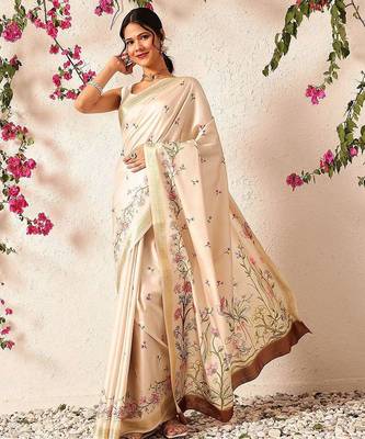 Beige printed silk blend ethnic saree with blouse piece 2