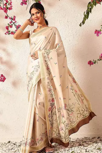 Beige printed silk blend ethnic saree with blouse piece