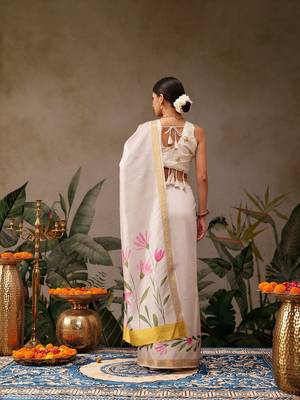 off white floral printed silk blend saree 2