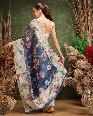 Blue printed cotton blend ethnic saree with blouse piece 3