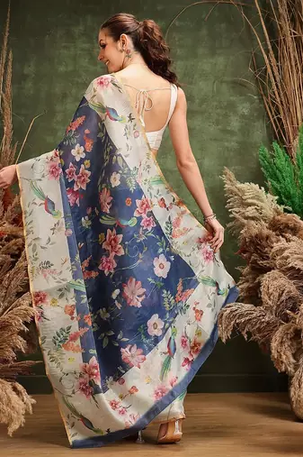 Blue printed cotton blend ethnic saree with blouse piece