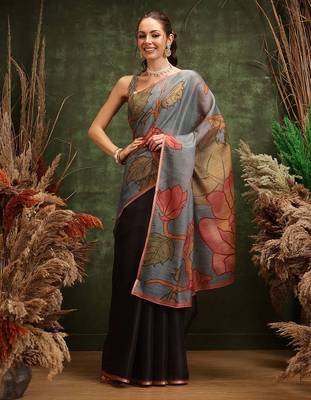 Black printed silk cotton ethnic saree with blouse piece 2
