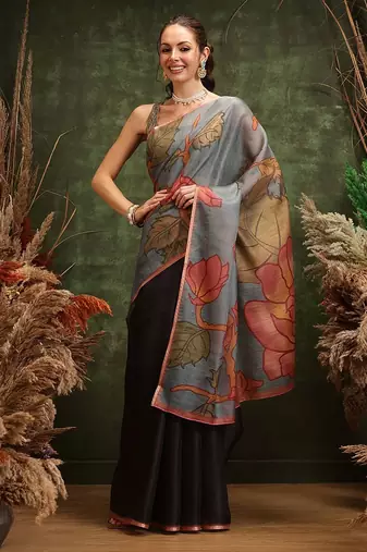 Black printed silk cotton ethnic saree with blouse piece