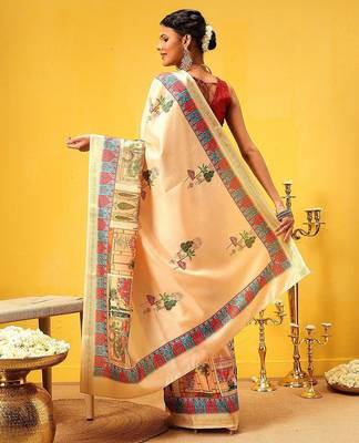 Beige printed silk blend ethnic saree with blouse piece 3