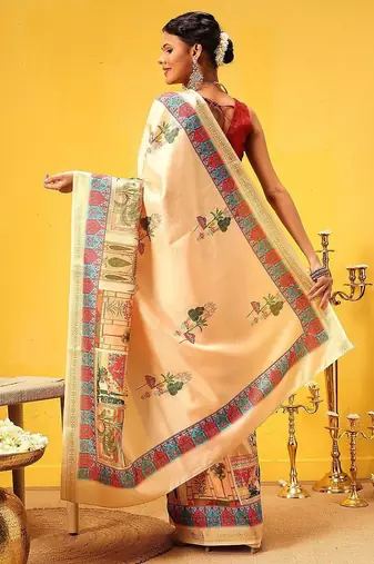 Beige printed silk blend ethnic saree with blouse piece